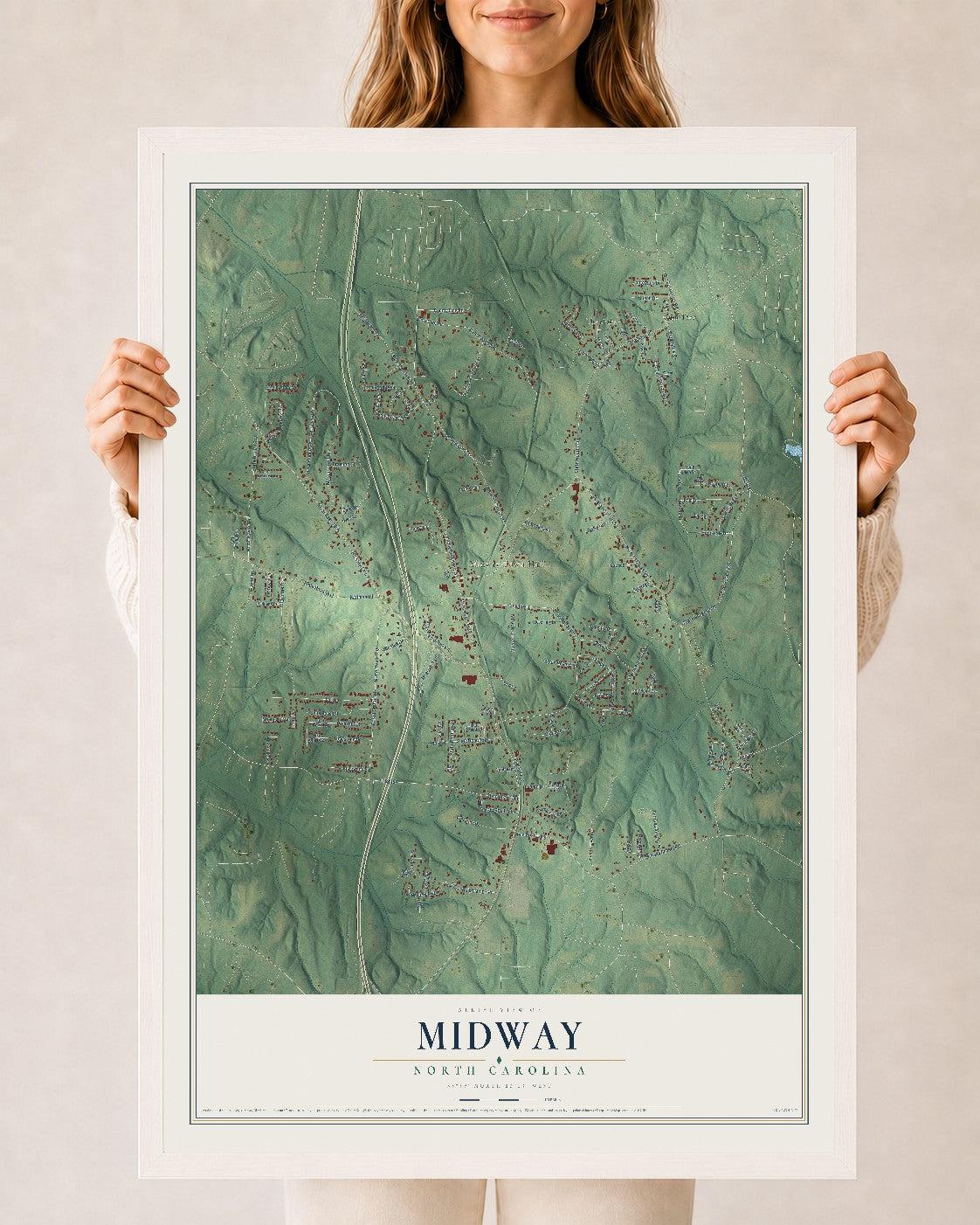 Map of Midway, North Carolina, 24 x 36 inch print in a white wood frame