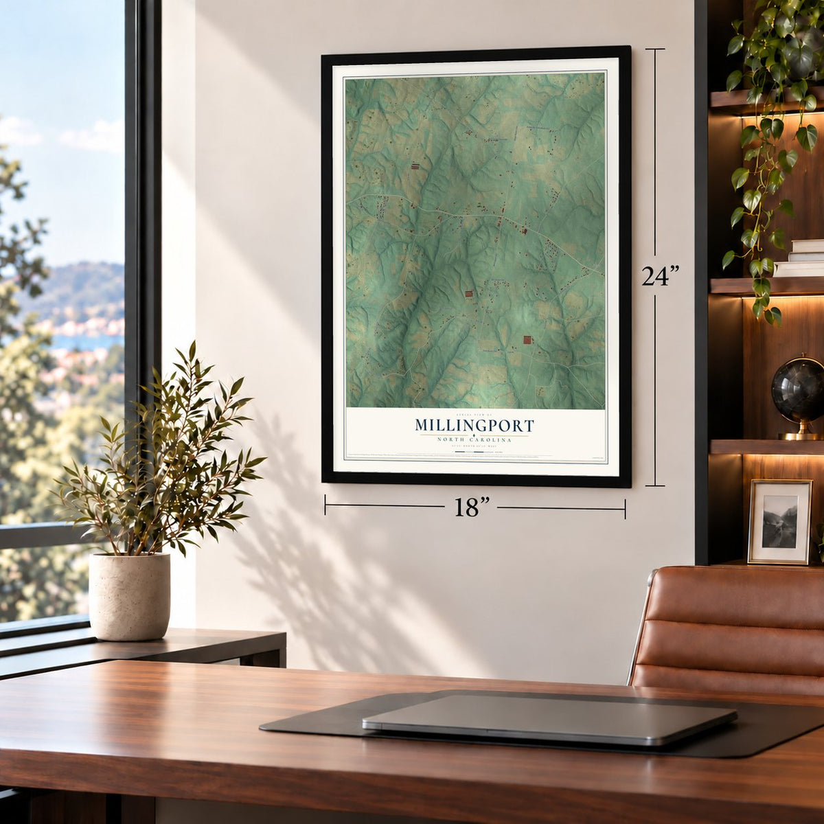 Millingport, North Carolina map, 18 x 24 inch print in a black frame in a home office