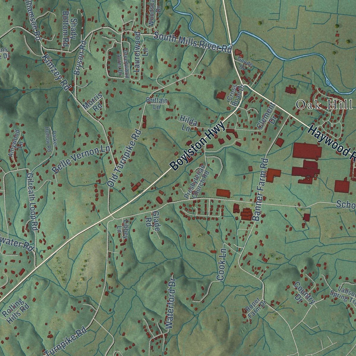 Second close-up of the map of Mills River, North Carolina print showing more streets and buildings