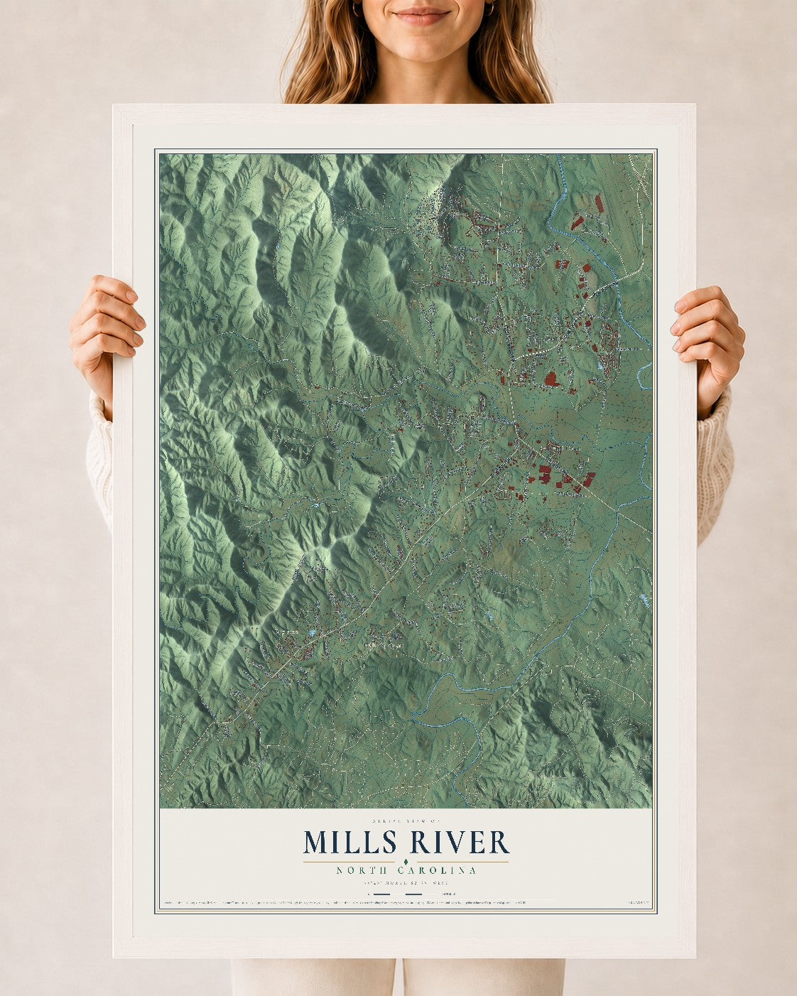 Map of Mills River, North Carolina, 24 x 36 inch print in a white wood frame