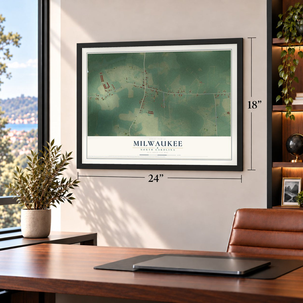 Milwaukee, North Carolina map, 18 x 24 inch print in a black frame in a home office