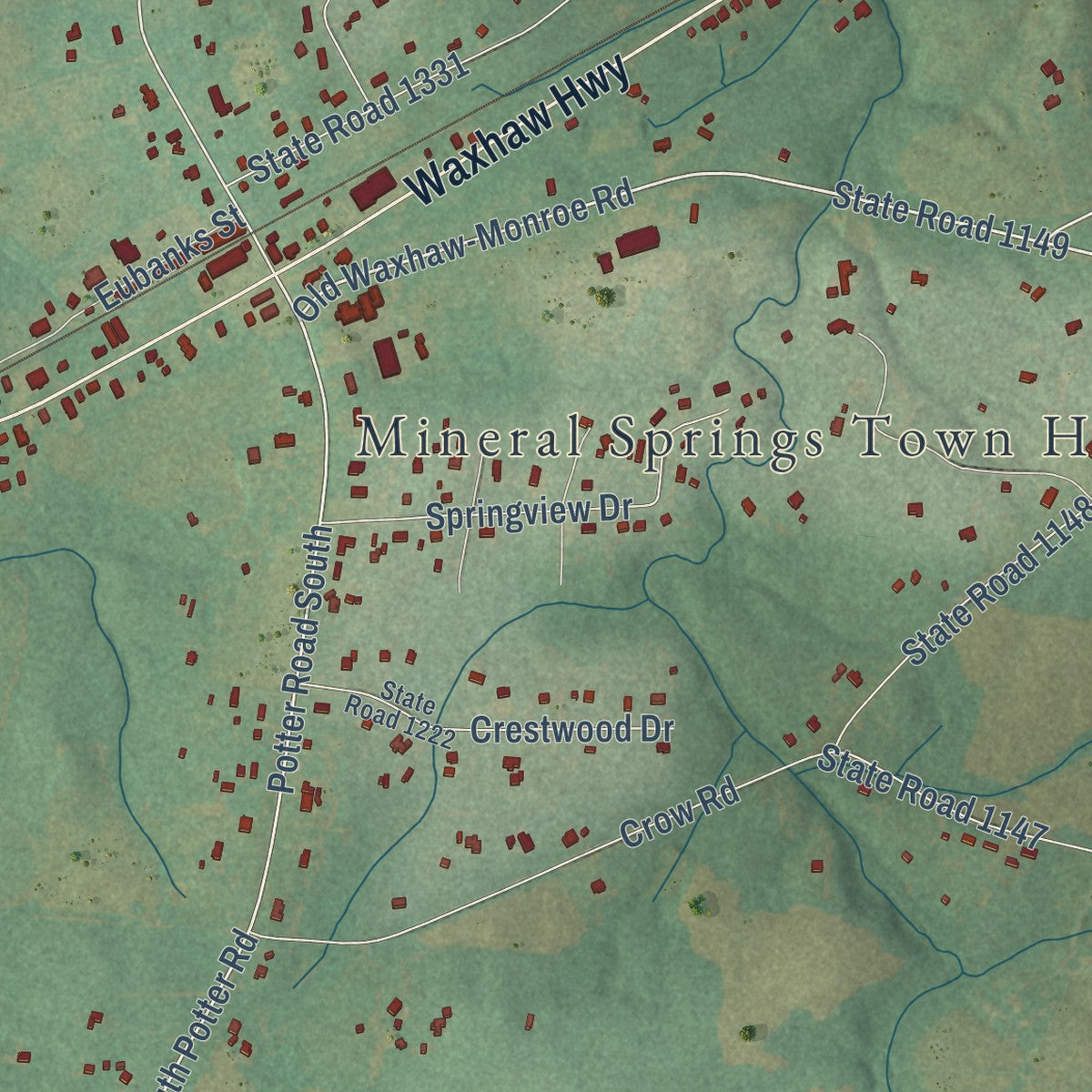 Close-up of the map of Mineral Springs, North Carolina print showing street and building detail