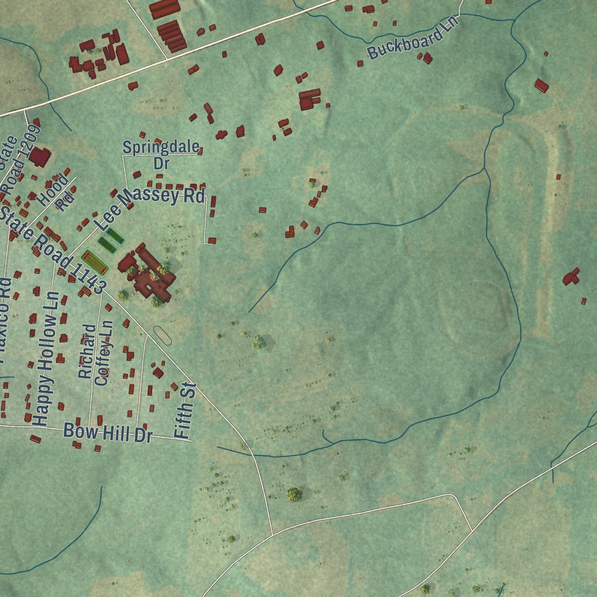 Second close-up of the map of Mineral Springs, North Carolina print showing more streets and buildings