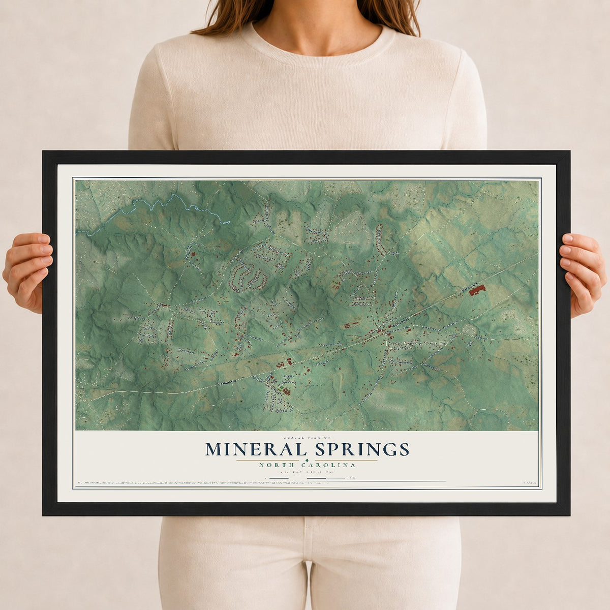 Map of Mineral Springs, North Carolina, 12 x 18 inch print in a black wood frame