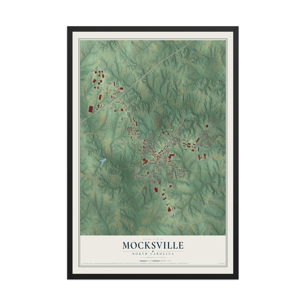 Map of Mocksville, North Carolina, 12 x 18 inch print in a black wood frame