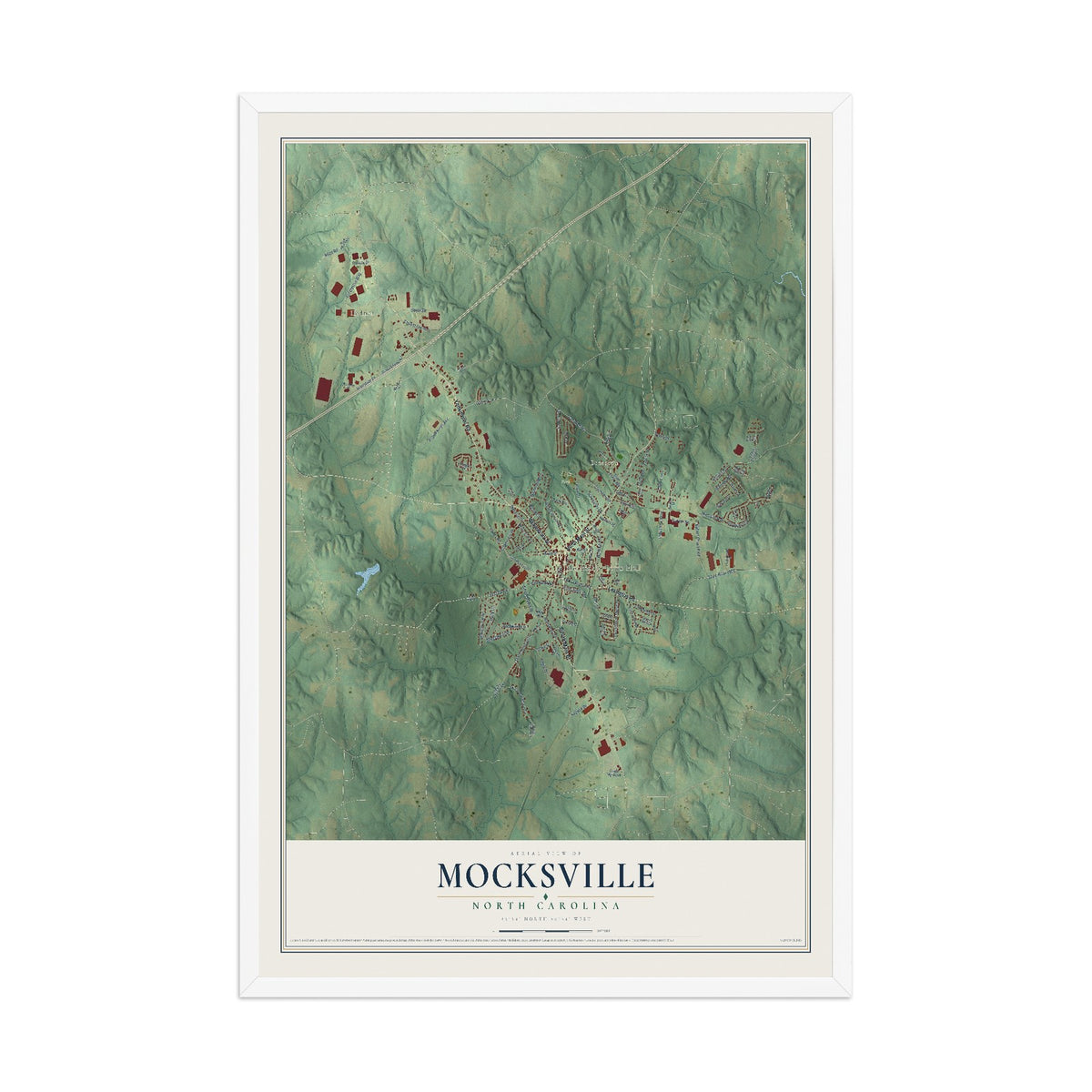 Map of Mocksville, North Carolina, 12 x 18 inch print in a white wood frame