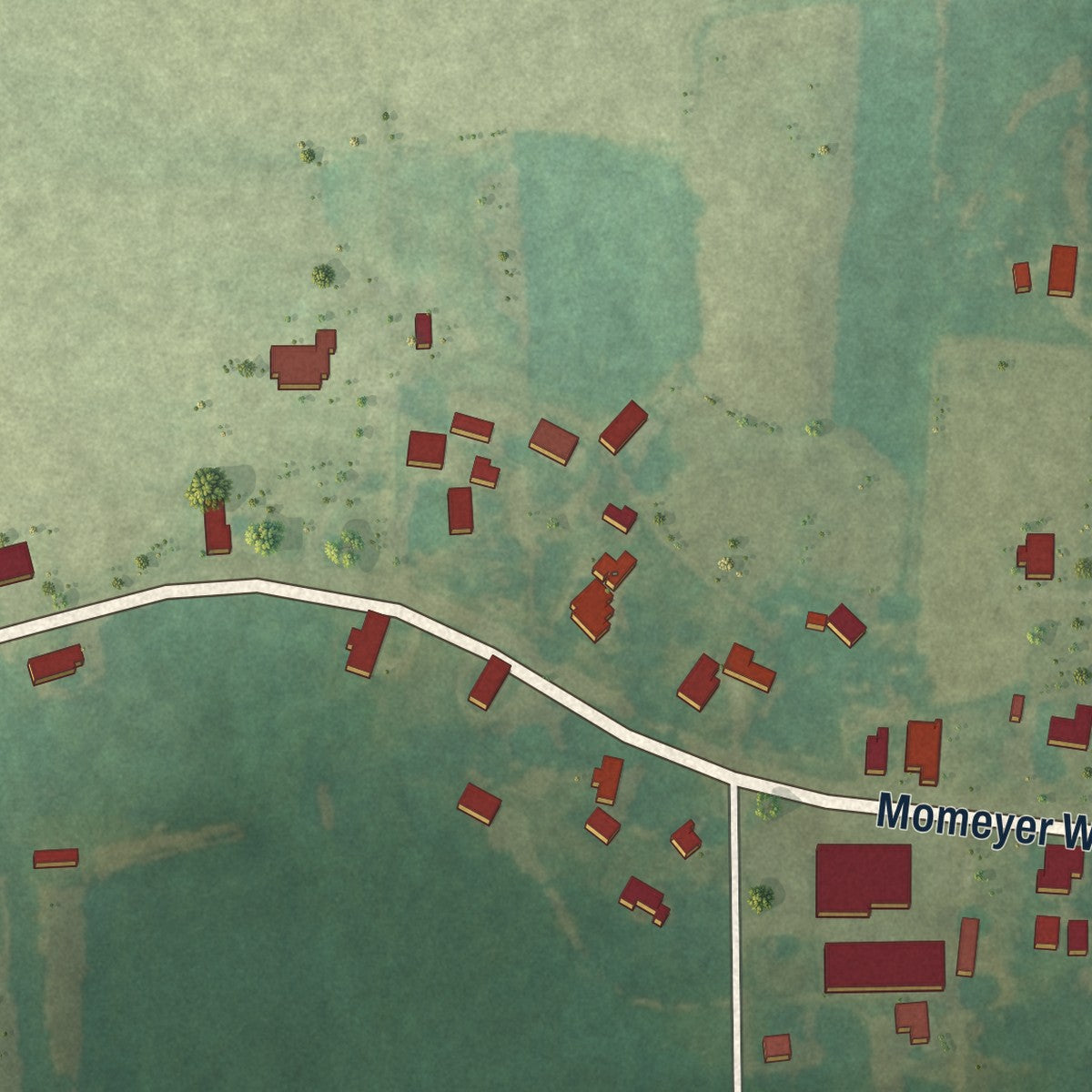 Second close-up of the map of Momeyer, North Carolina print showing more streets and buildings
