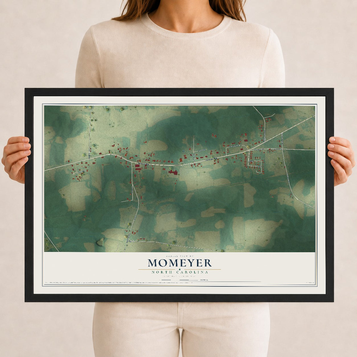 Map of Momeyer, North Carolina, 12 x 18 inch print in a black wood frame