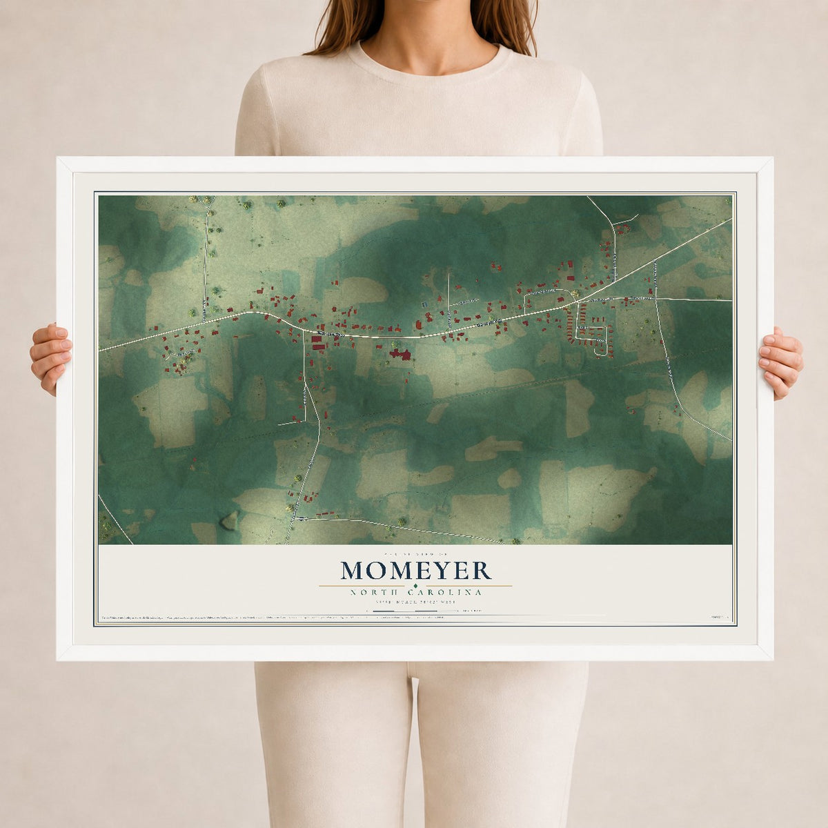 Map of Momeyer, North Carolina, 24 x 36 inch print in a white wood frame