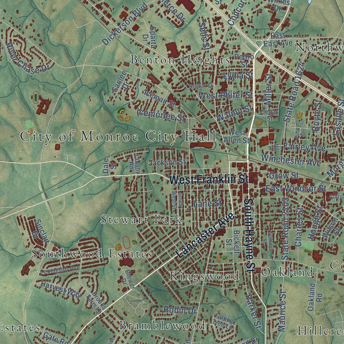 Close-up of the map of Monroe, North Carolina print showing street and building detail