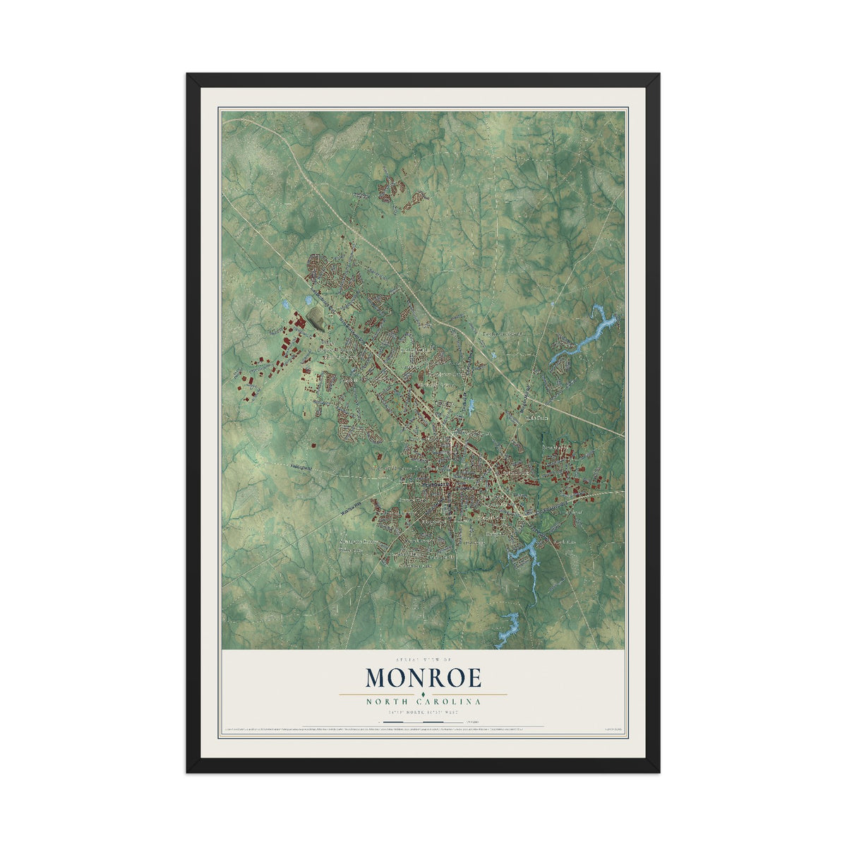 Map of Monroe, North Carolina, 12 x 18 inch print in a black wood frame