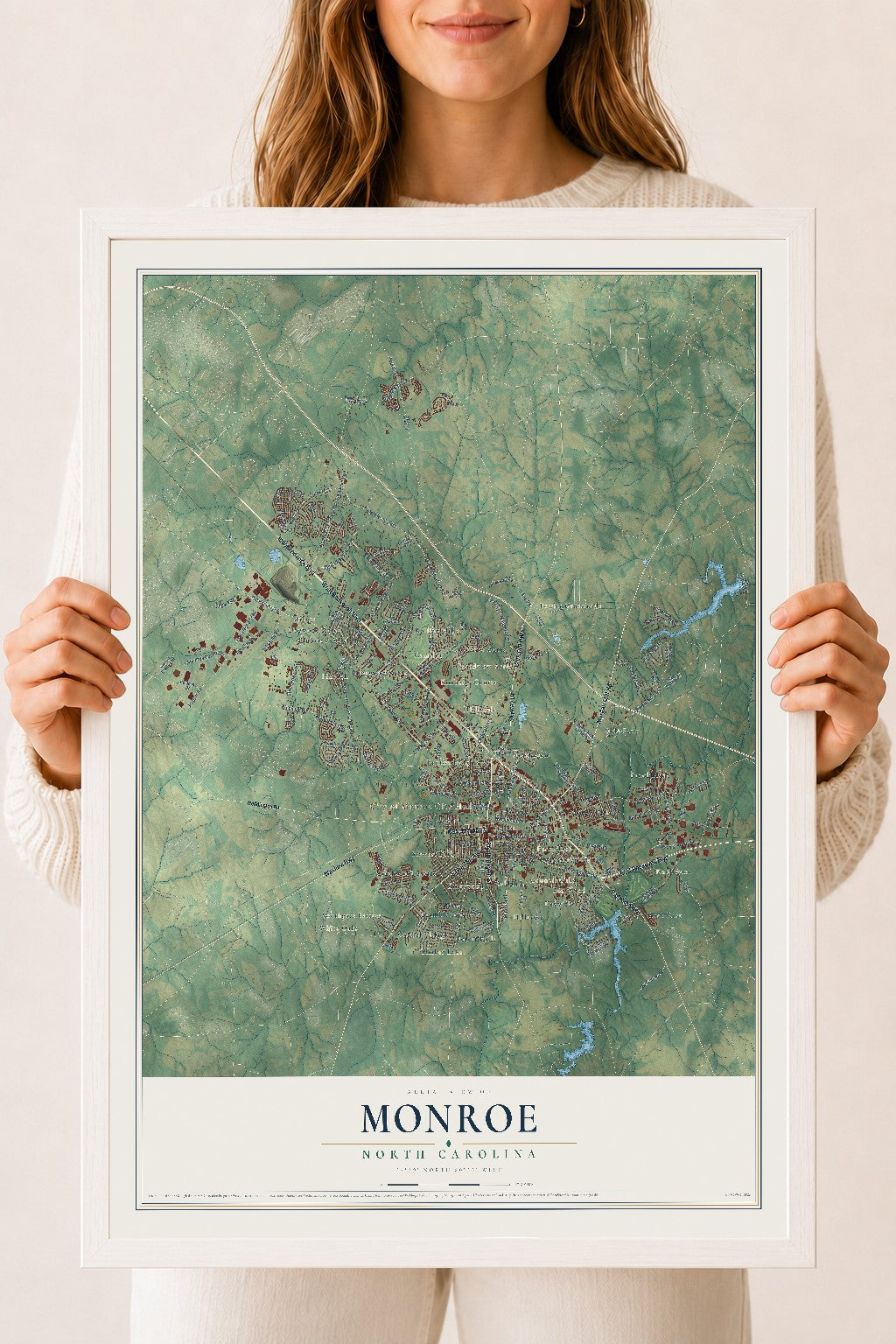 Map of Monroe, North Carolina, 18 x 24 inch print in a white wood frame