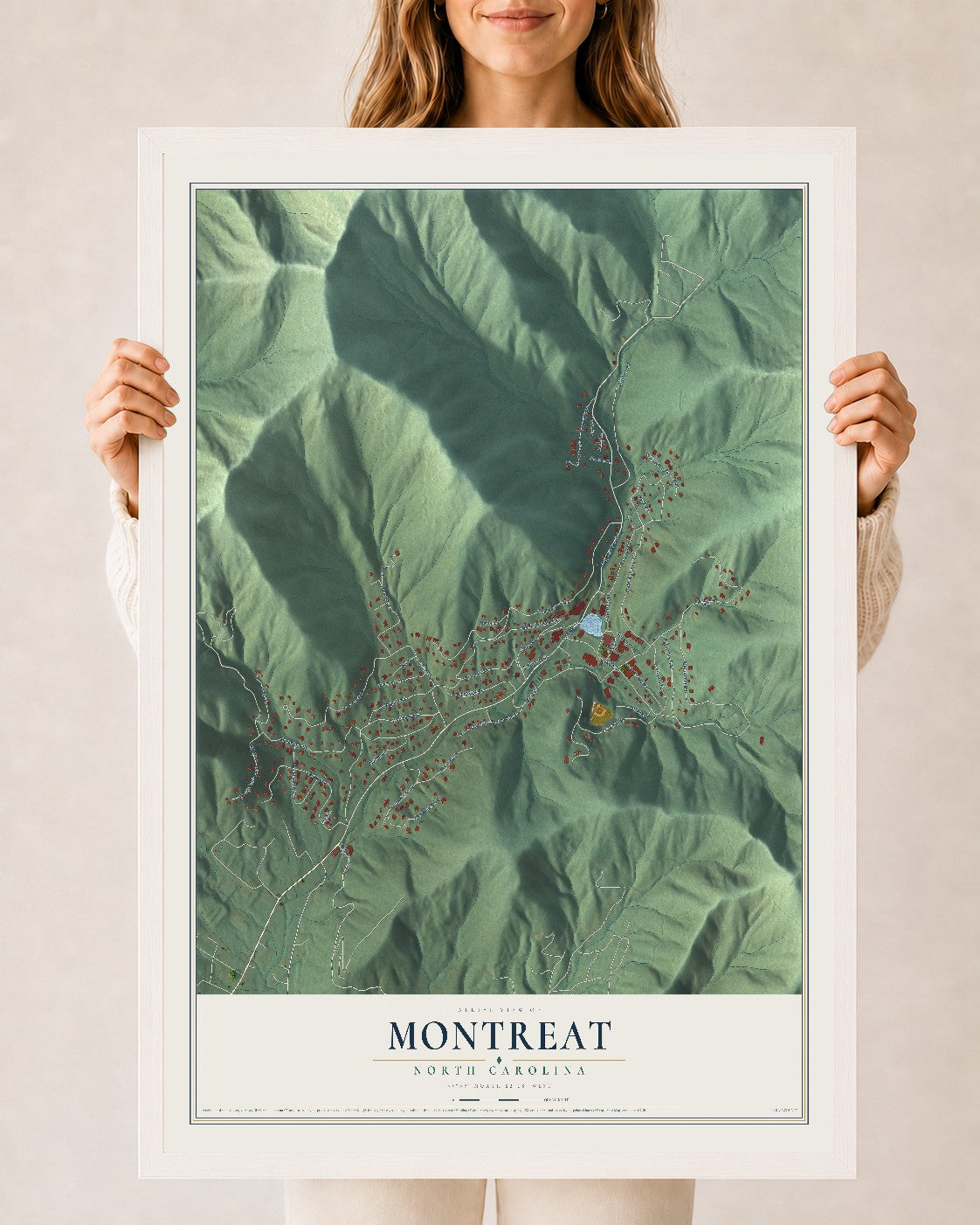 Map of Montreat, North Carolina, 24 x 36 inch print in a white wood frame