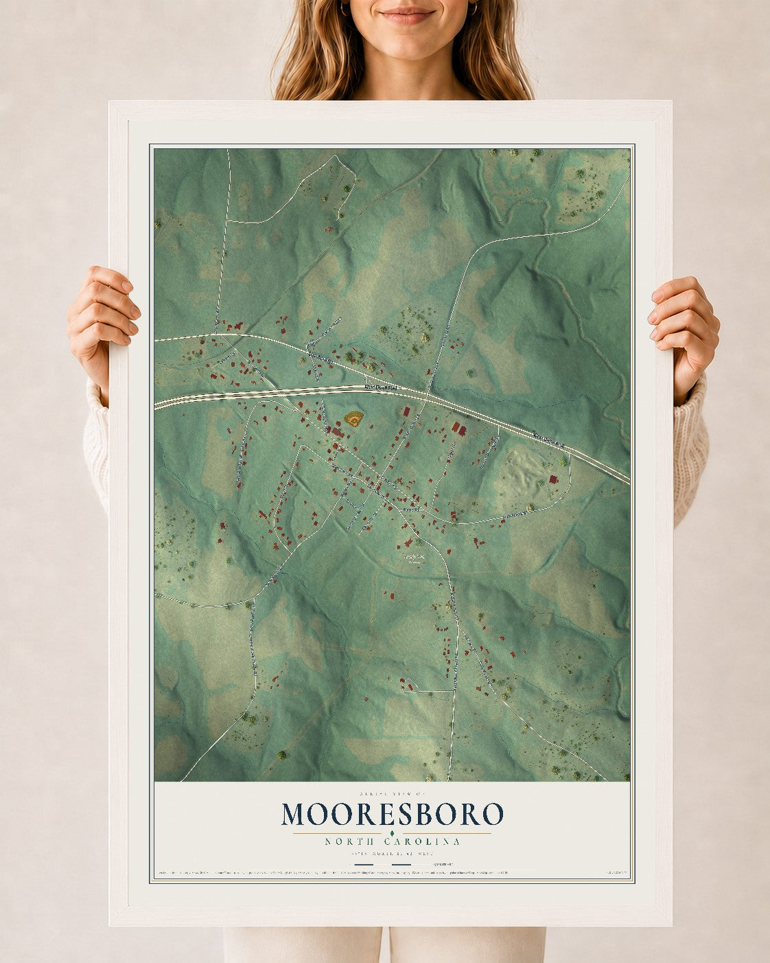 Map of Mooresboro, North Carolina, 24 x 36 inch print in a white wood frame
