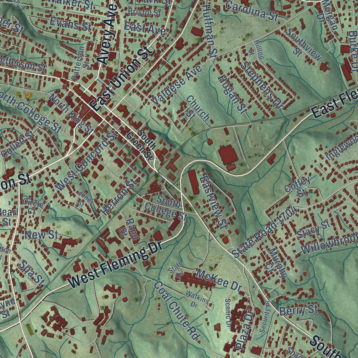 Close-up of the map of Morganton, North Carolina print showing street and building detail
