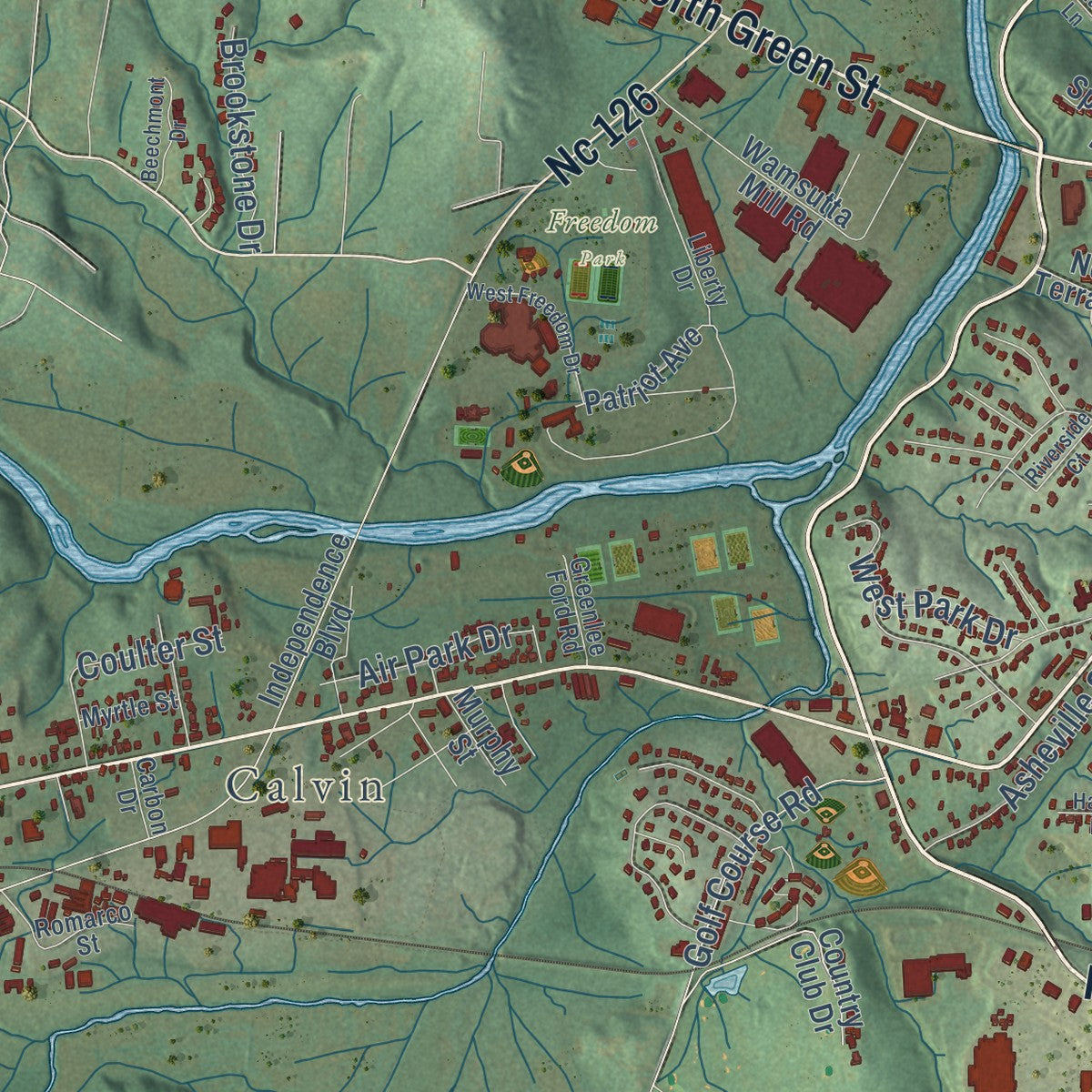 Second close-up of the map of Morganton, North Carolina print showing more streets and buildings