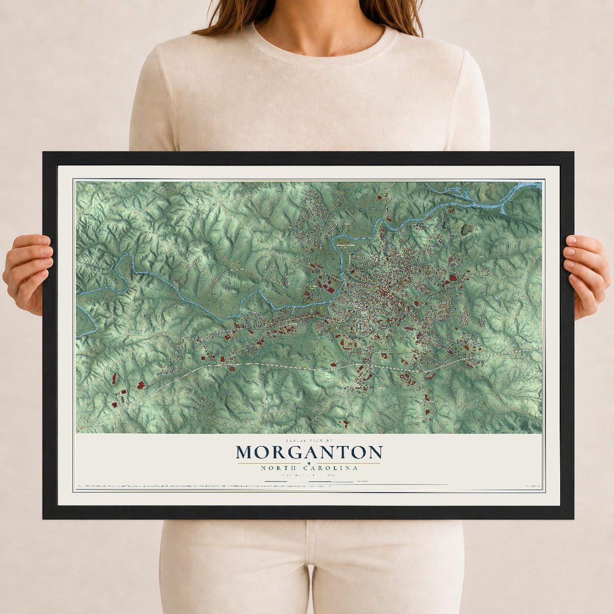 Map of Morganton, North Carolina, 12 x 18 inch print in a black wood frame