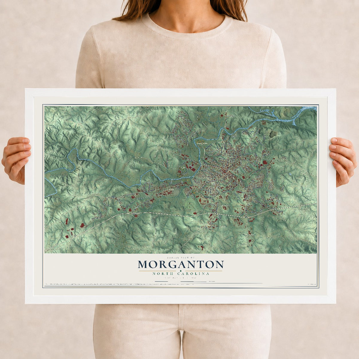 Map of Morganton, North Carolina, 12 x 18 inch print in a white wood frame