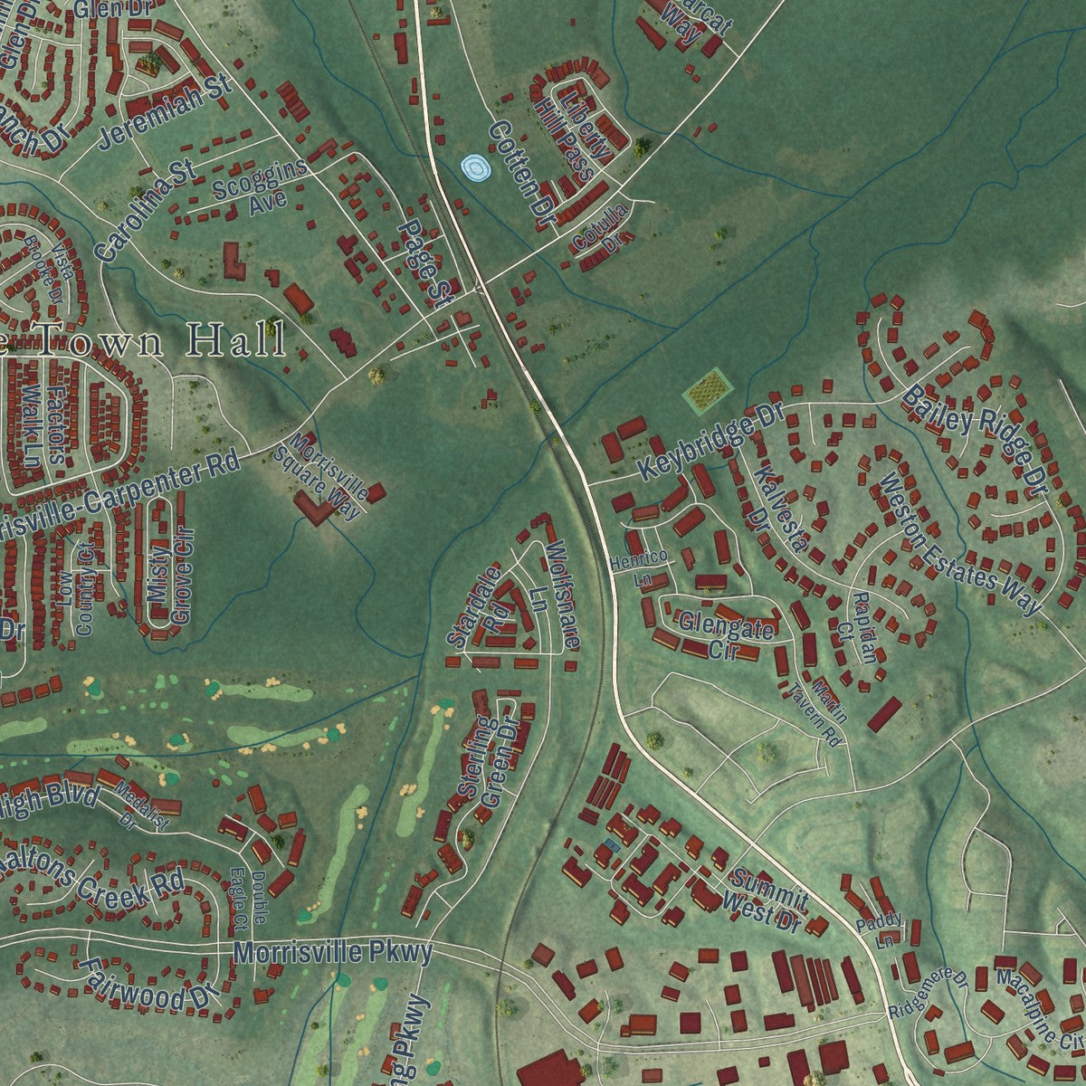 Second close-up of the map of Morrisville, North Carolina print showing more streets and buildings