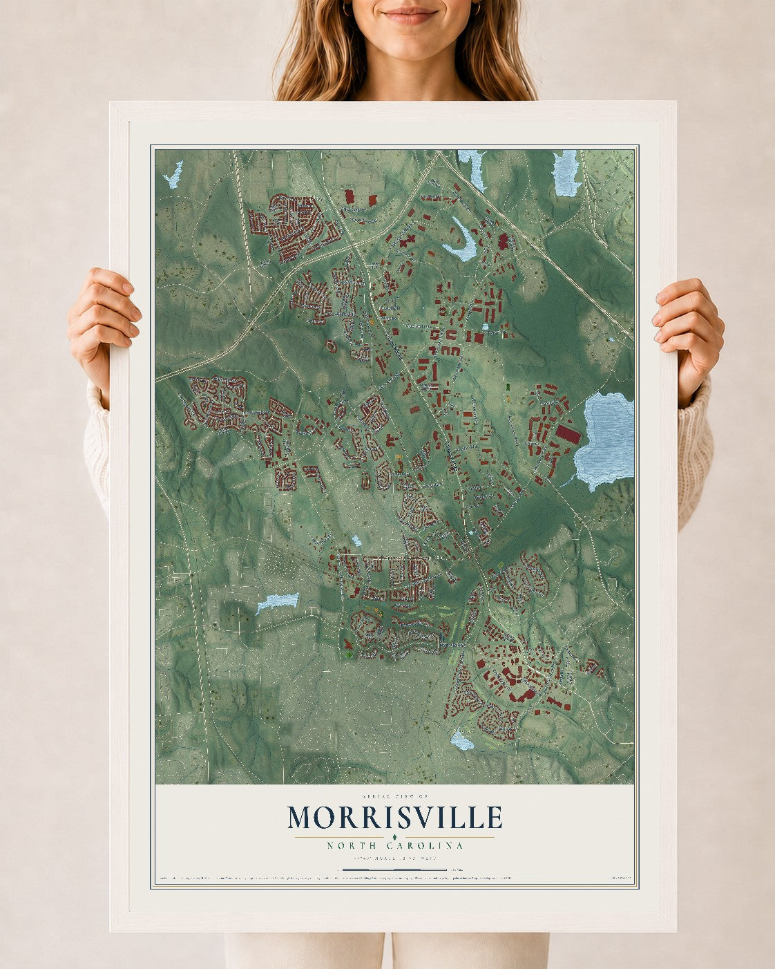 Map of Morrisville, North Carolina, 24 x 36 inch print in a white wood frame