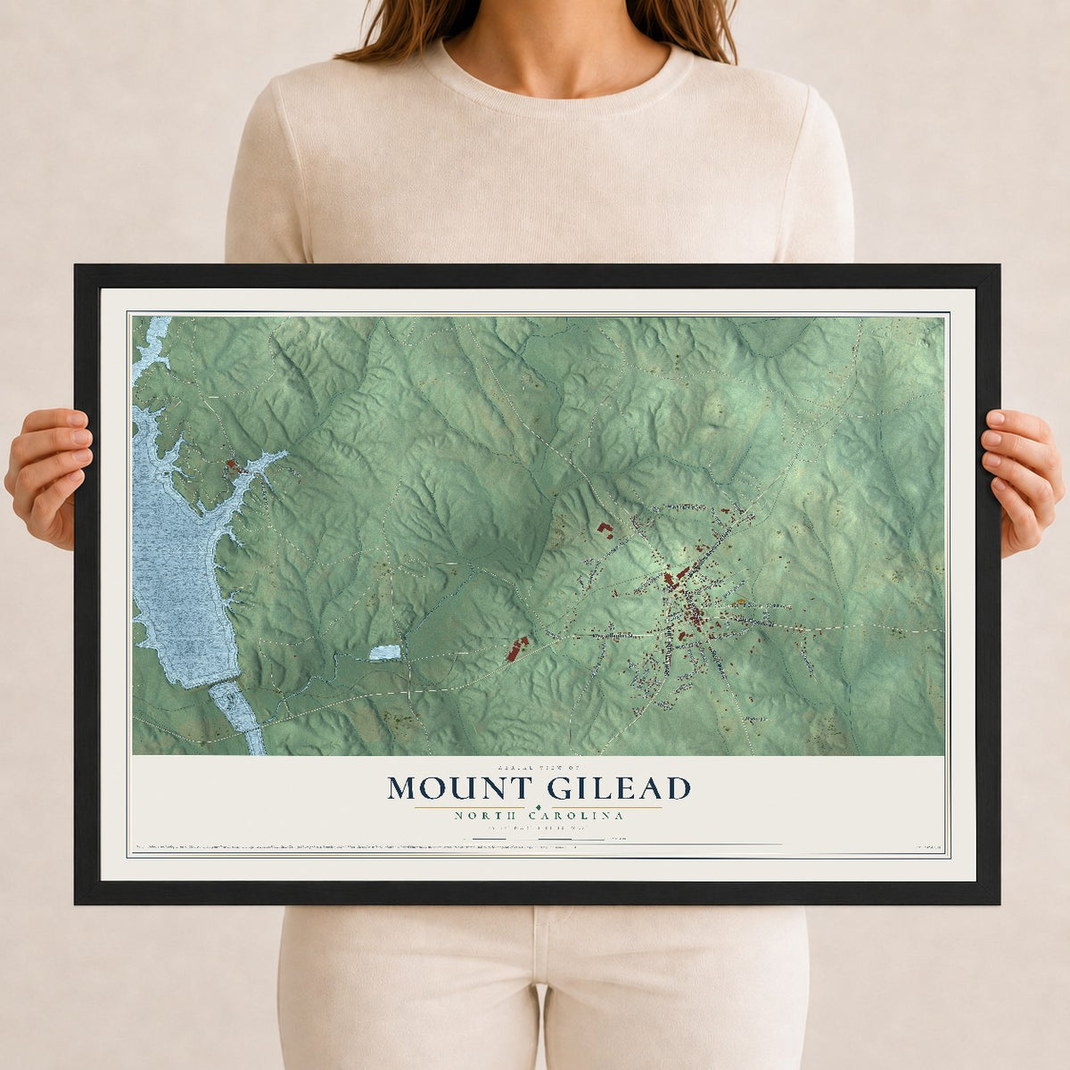 Map of Mount Gilead, North Carolina, 12 x 18 inch print in a black wood frame
