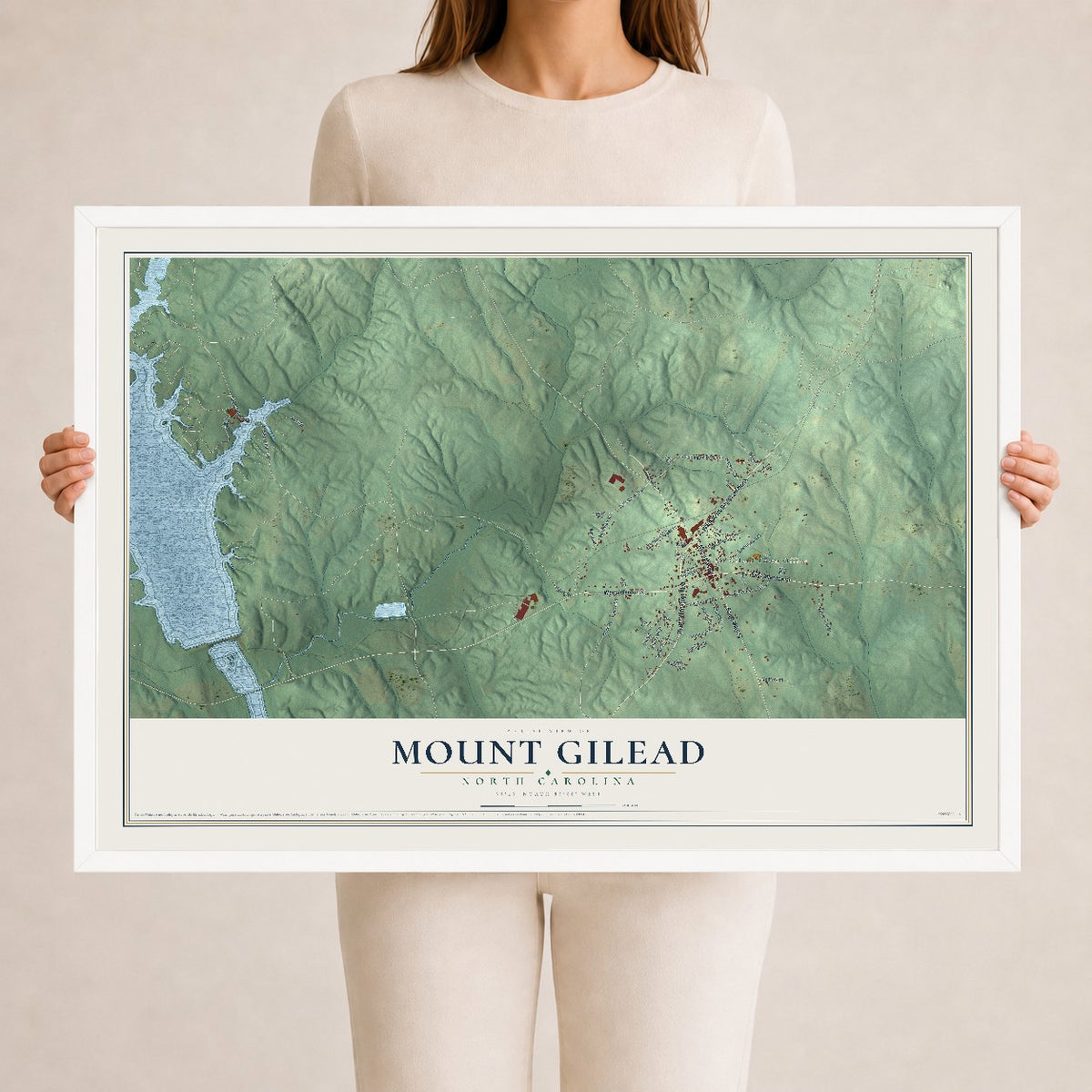 Map of Mount Gilead, North Carolina, 24 x 36 inch print in a white wood frame