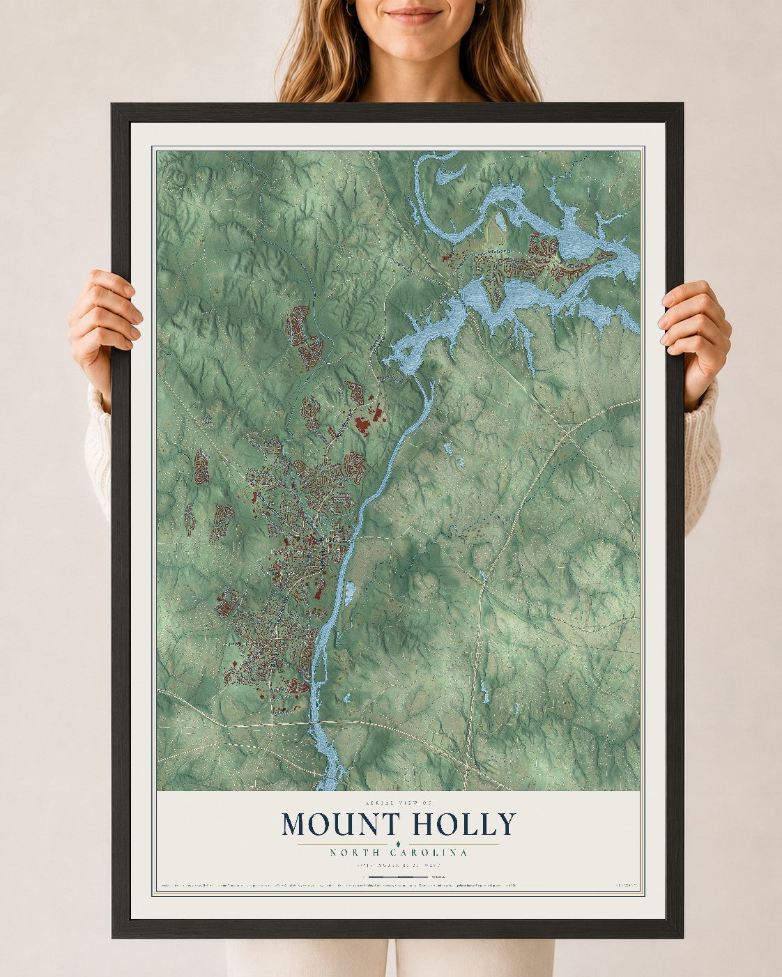 Map of Mount Holly, North Carolina, 24 x 36 inch print in a black wood frame