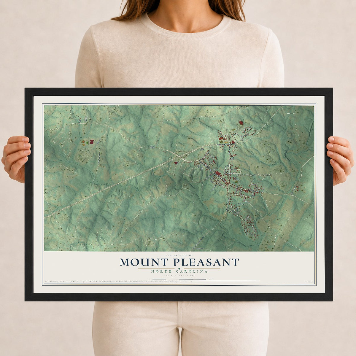 Map of Mount Pleasant, North Carolina, 12 x 18 inch print in a black wood frame