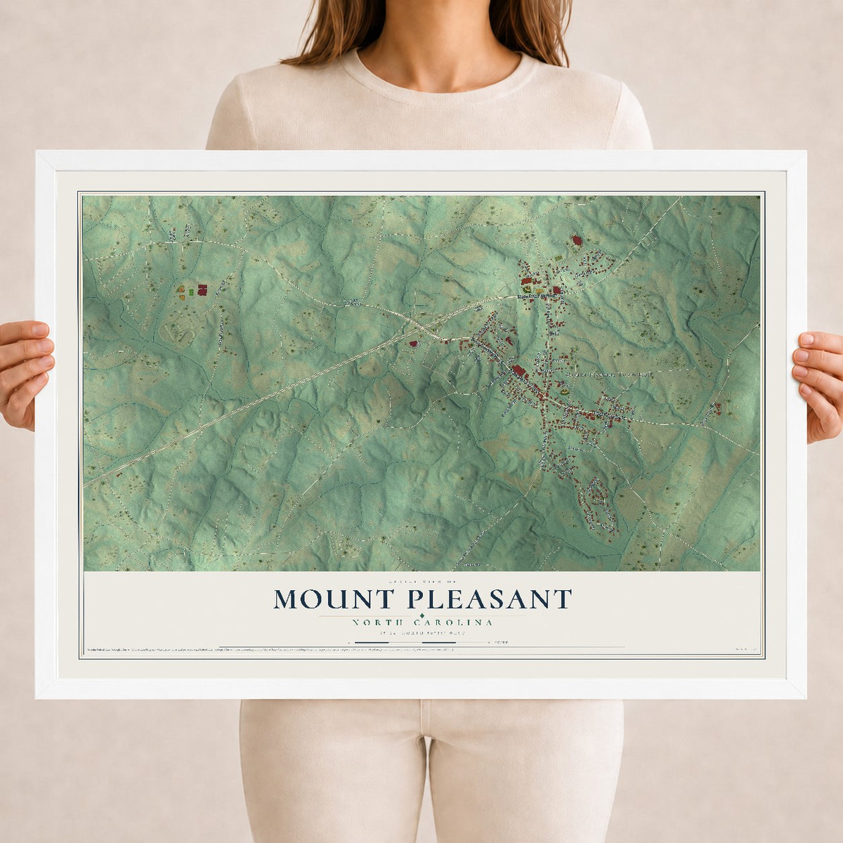 Map of Mount Pleasant, North Carolina, 18 x 24 inch print in a white wood frame