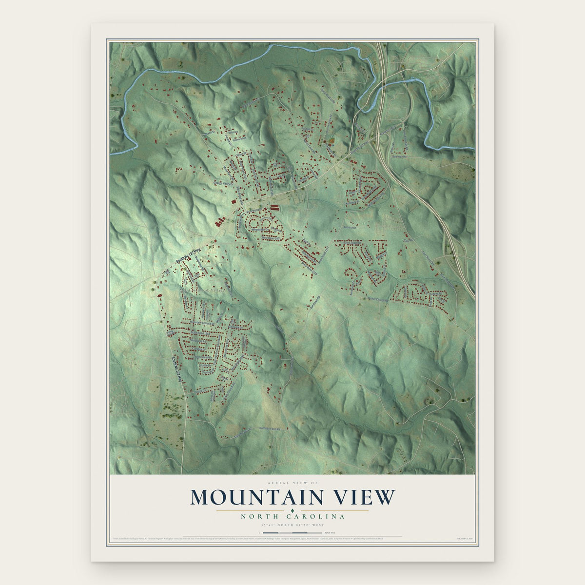 Mountain View, North Carolina map print, the full design