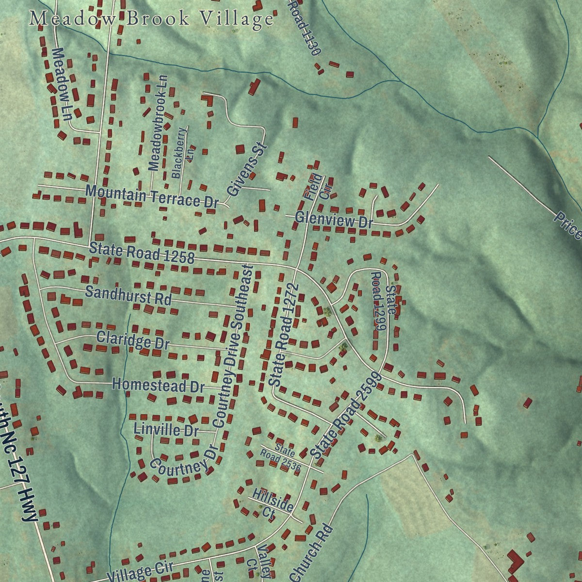 Close-up of the map of Mountain View, North Carolina print showing street and building detail