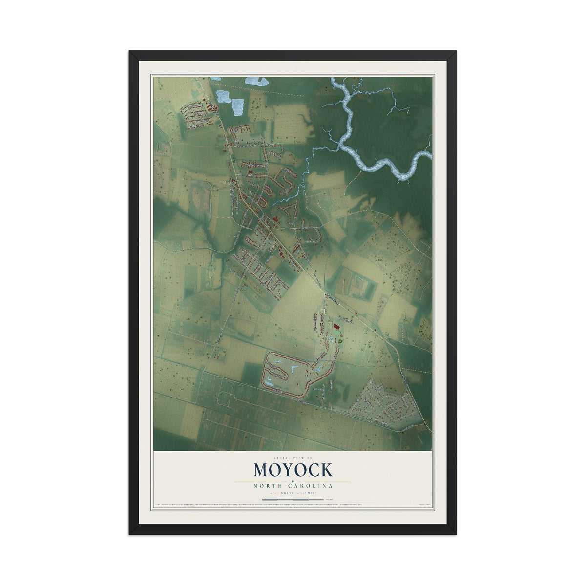 Map of Moyock, North Carolina, 12 x 18 inch print in a black wood frame