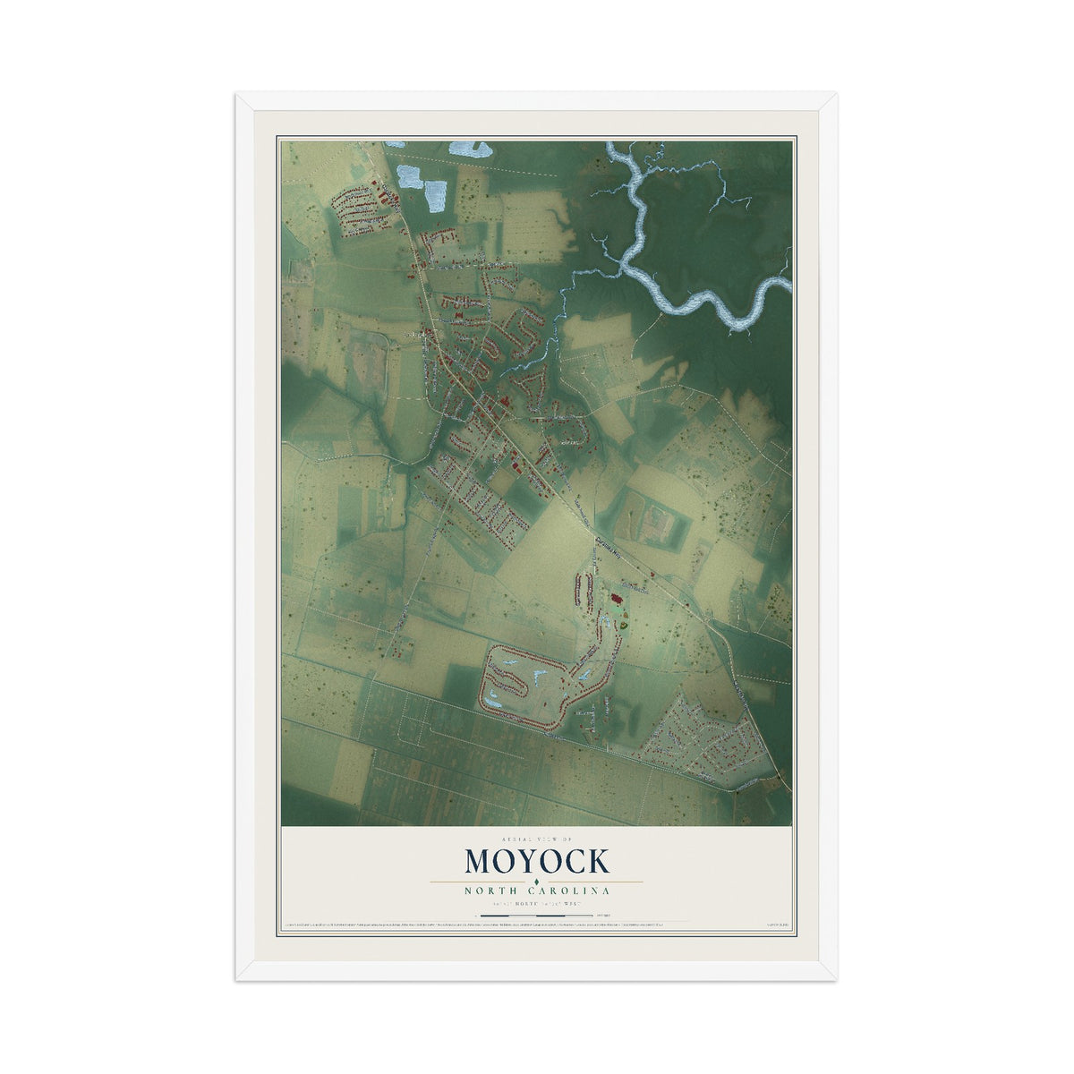 Map of Moyock, North Carolina, 12 x 18 inch print in a white wood frame
