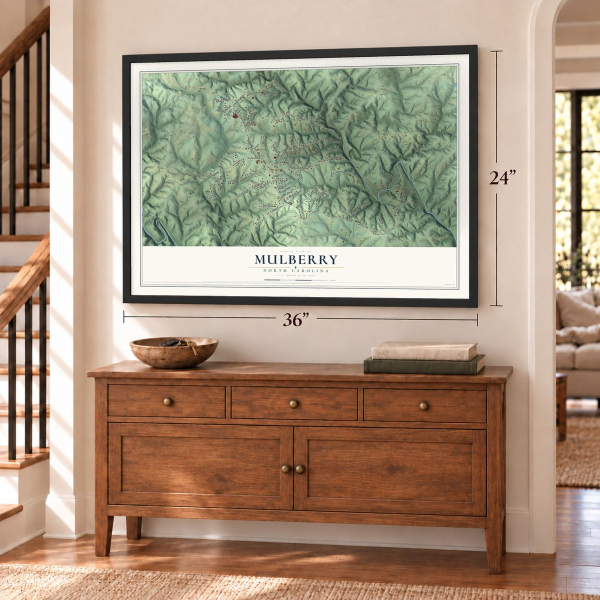 Mulberry, North Carolina map, 24 x 36 inch print in a black frame above a dresser by a staircase