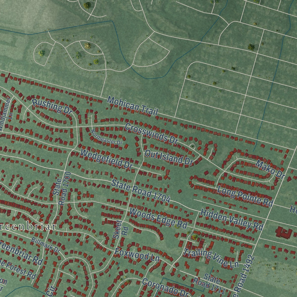 Close-up of the map of Myrtle Grove, North Carolina print showing street and building detail