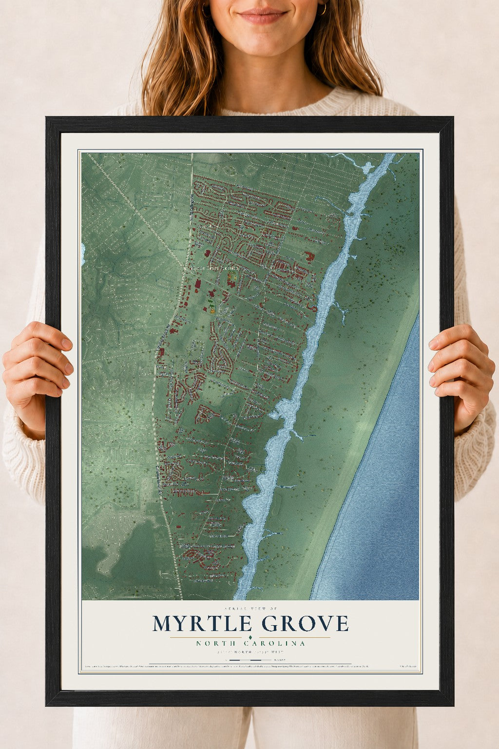 Map of Myrtle Grove, North Carolina, 18 x 24 inch print in a black wood frame