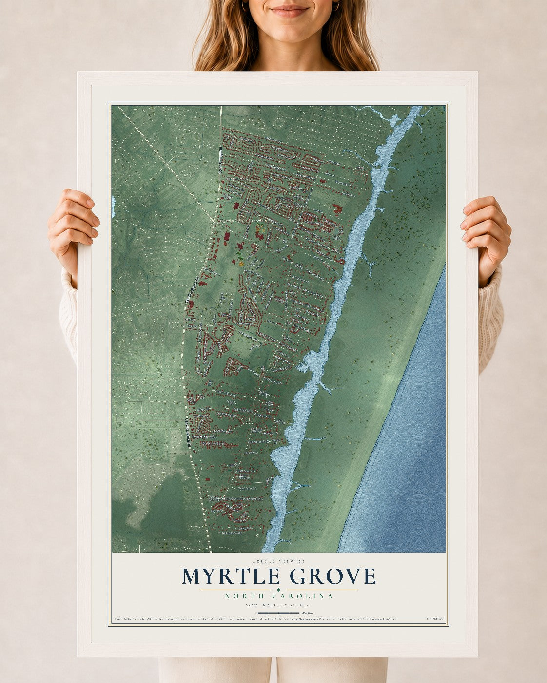 Map of Myrtle Grove, North Carolina, 24 x 36 inch print in a white wood frame