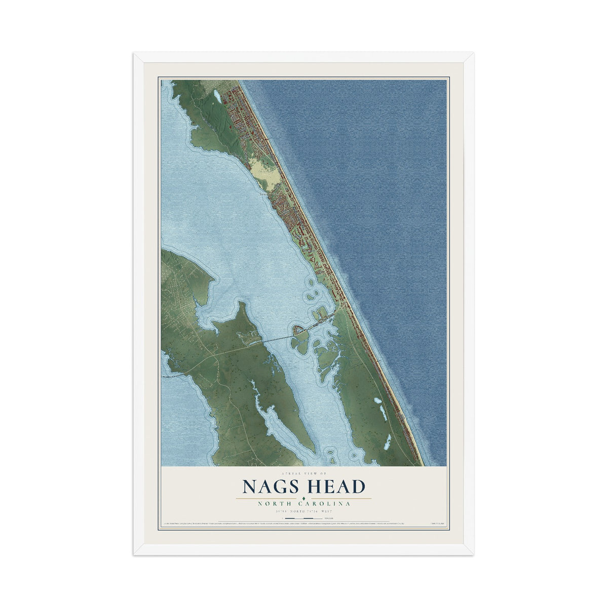 Map of Nags Head, North Carolina, 12 x 18 inch print in a white wood frame