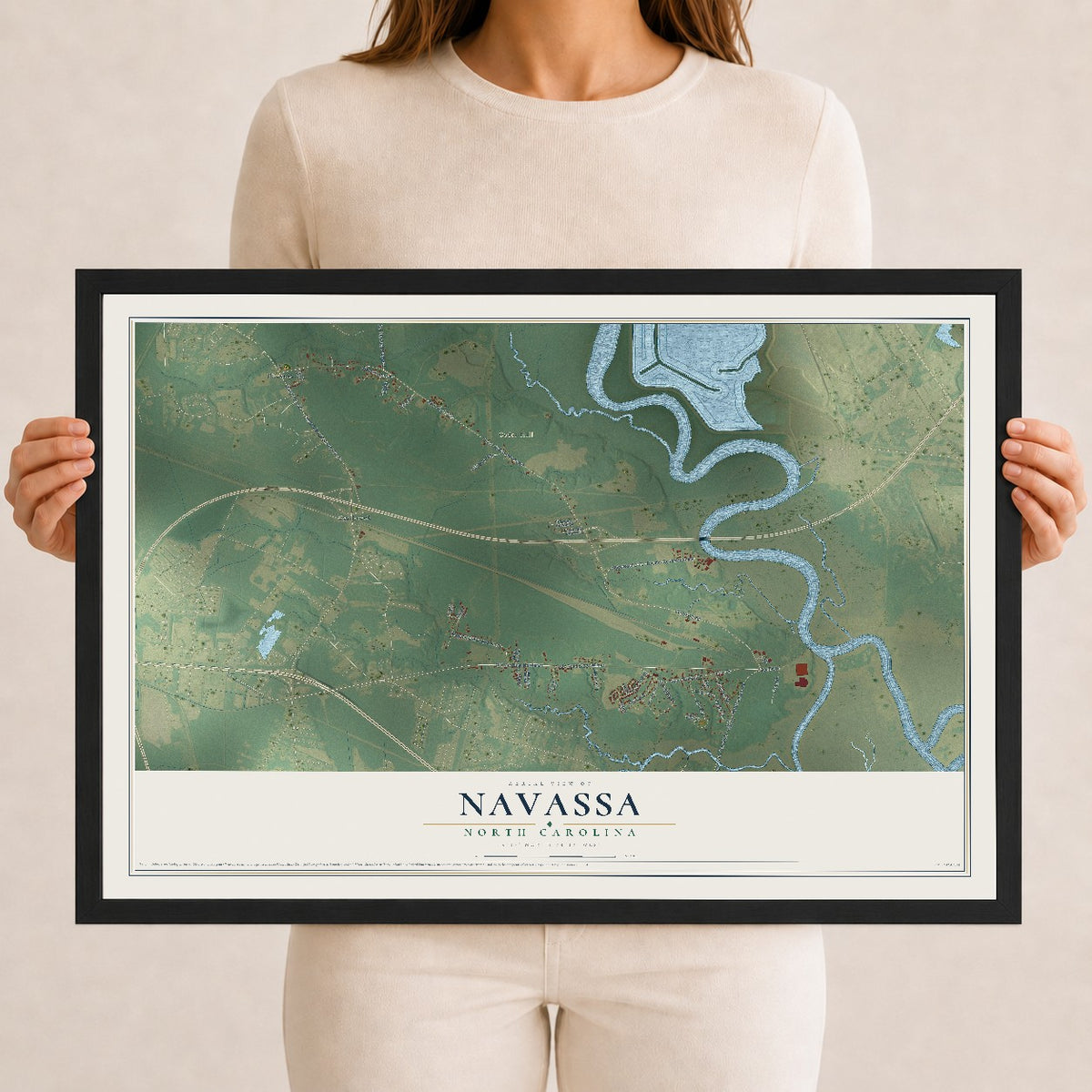 Map of Navassa, North Carolina, 12 x 18 inch print in a black wood frame