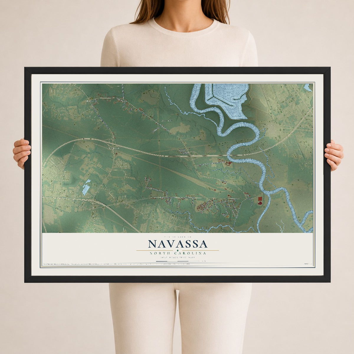 Map of Navassa, North Carolina, 24 x 36 inch print in a black wood frame