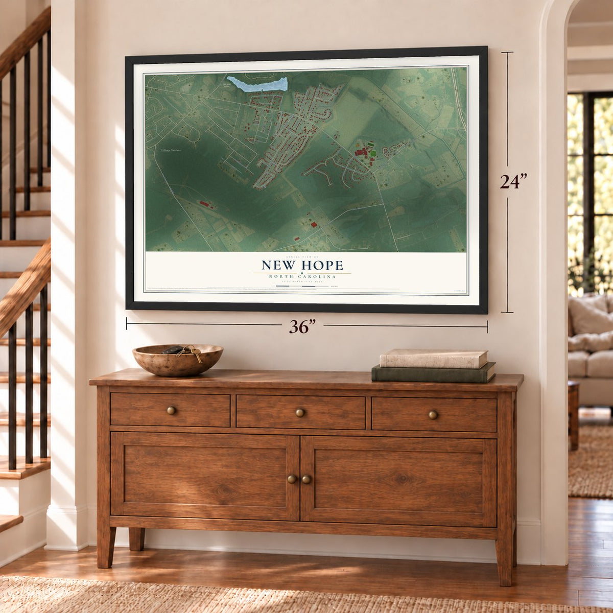 New Hope, North Carolina map, 24 x 36 inch print in a black frame above a dresser by a staircase