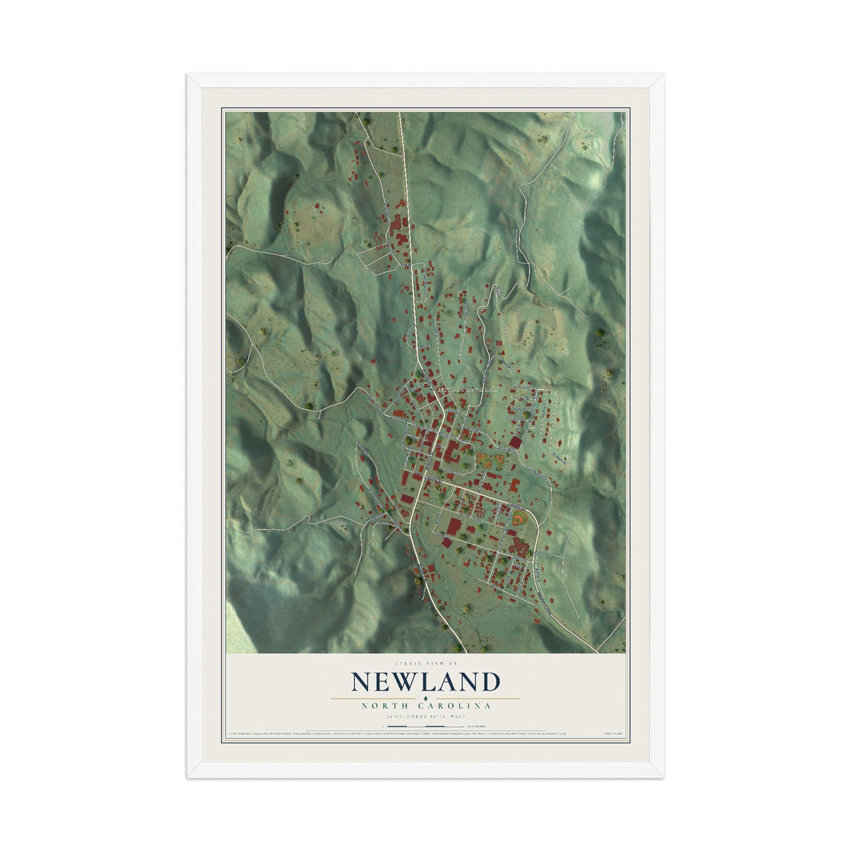 Map of Newland, North Carolina, 12 x 18 inch print in a white wood frame