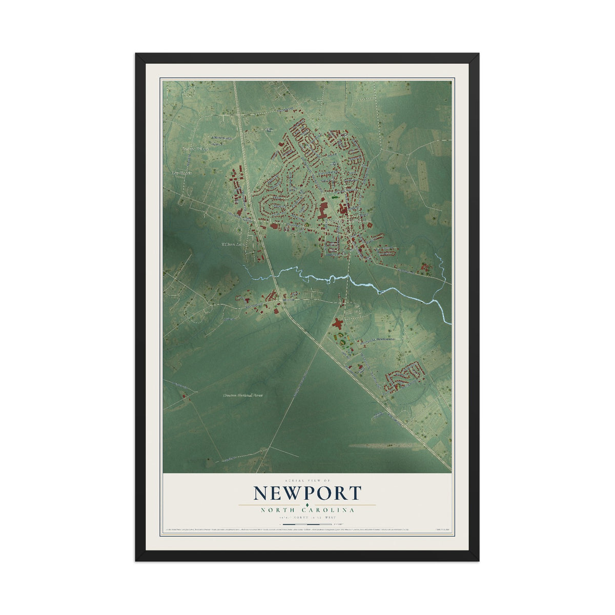 Map of Newport, North Carolina, 12 x 18 inch print in a black wood frame