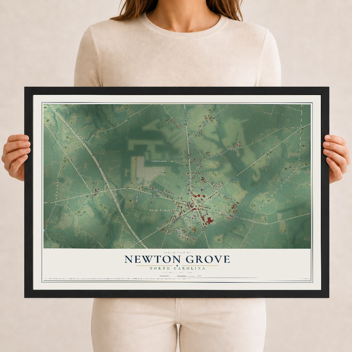 Map of Newton Grove, North Carolina, 12 x 18 inch print in a black wood frame