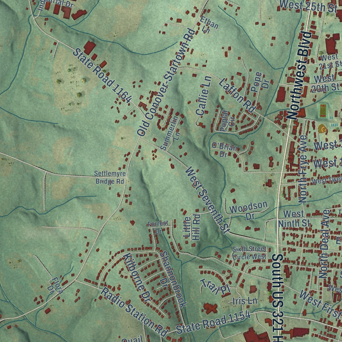 Second close-up of the map of Newton, North Carolina print showing more streets and buildings