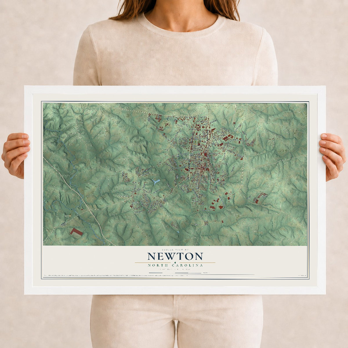 Map of Newton, North Carolina, 12 x 18 inch print in a white wood frame