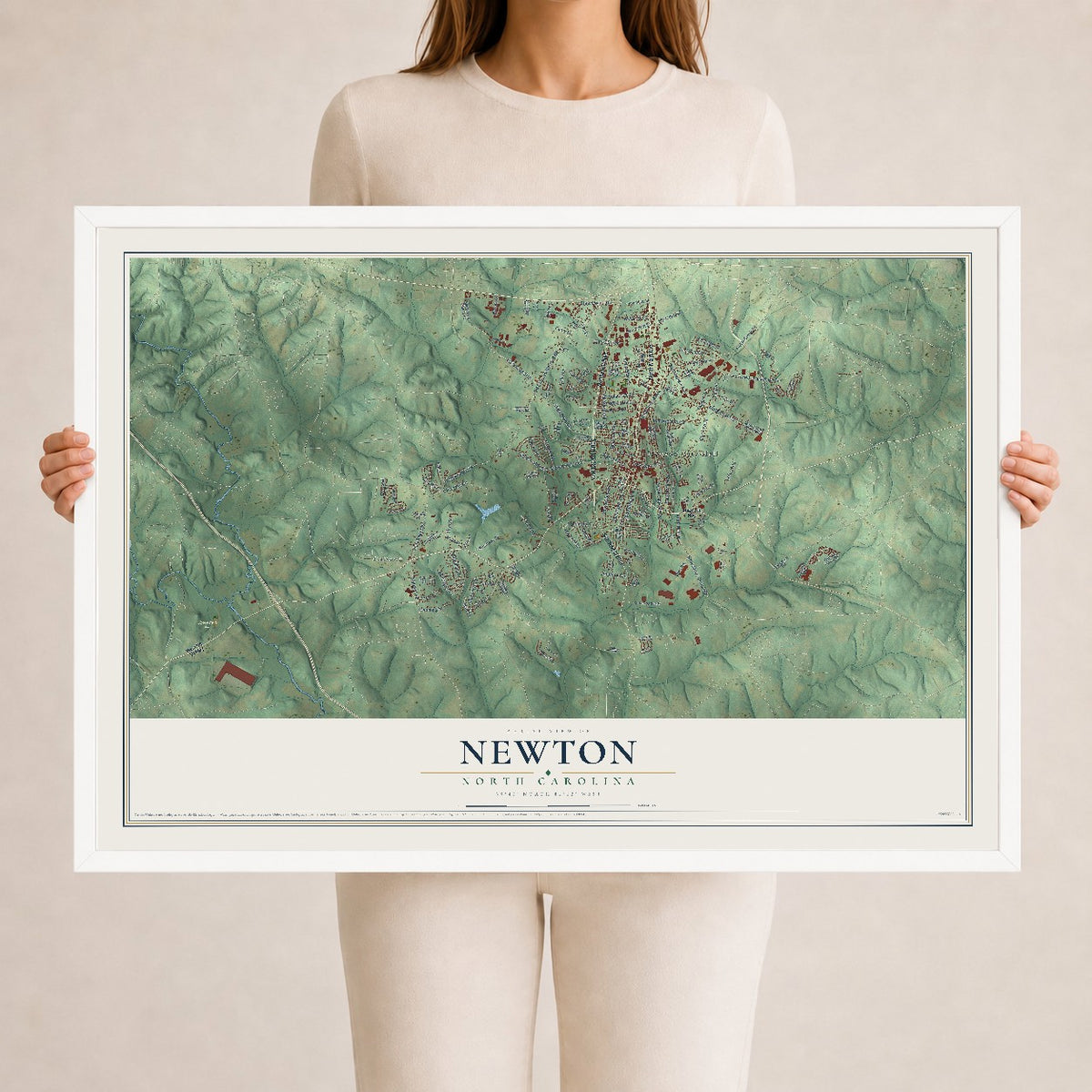 Map of Newton, North Carolina, 24 x 36 inch print in a white wood frame