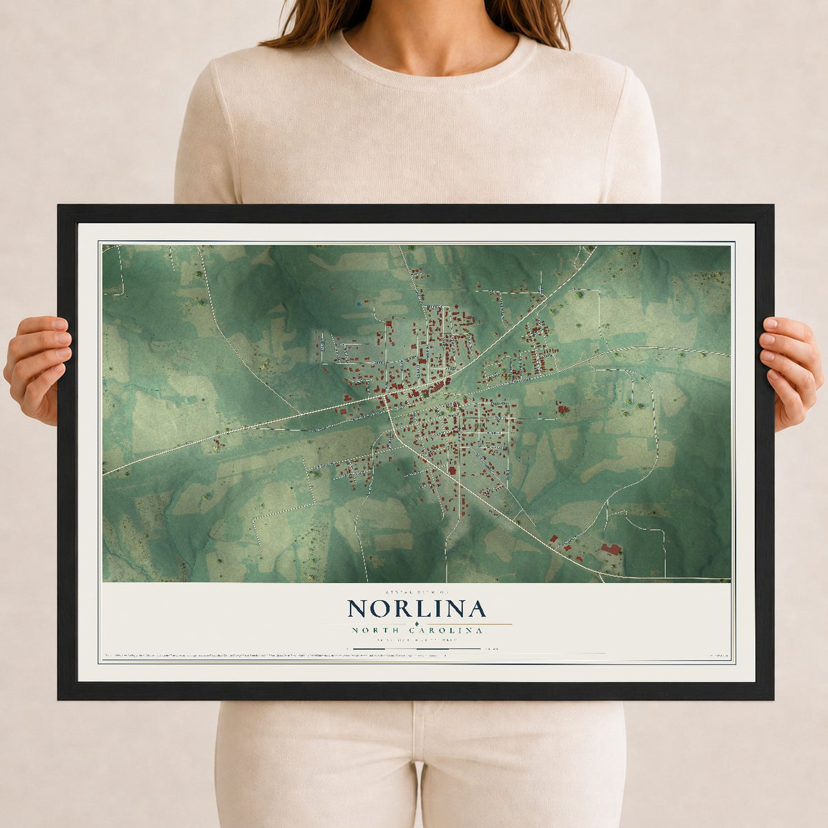 Map of Norlina, North Carolina, 12 x 18 inch print in a black wood frame