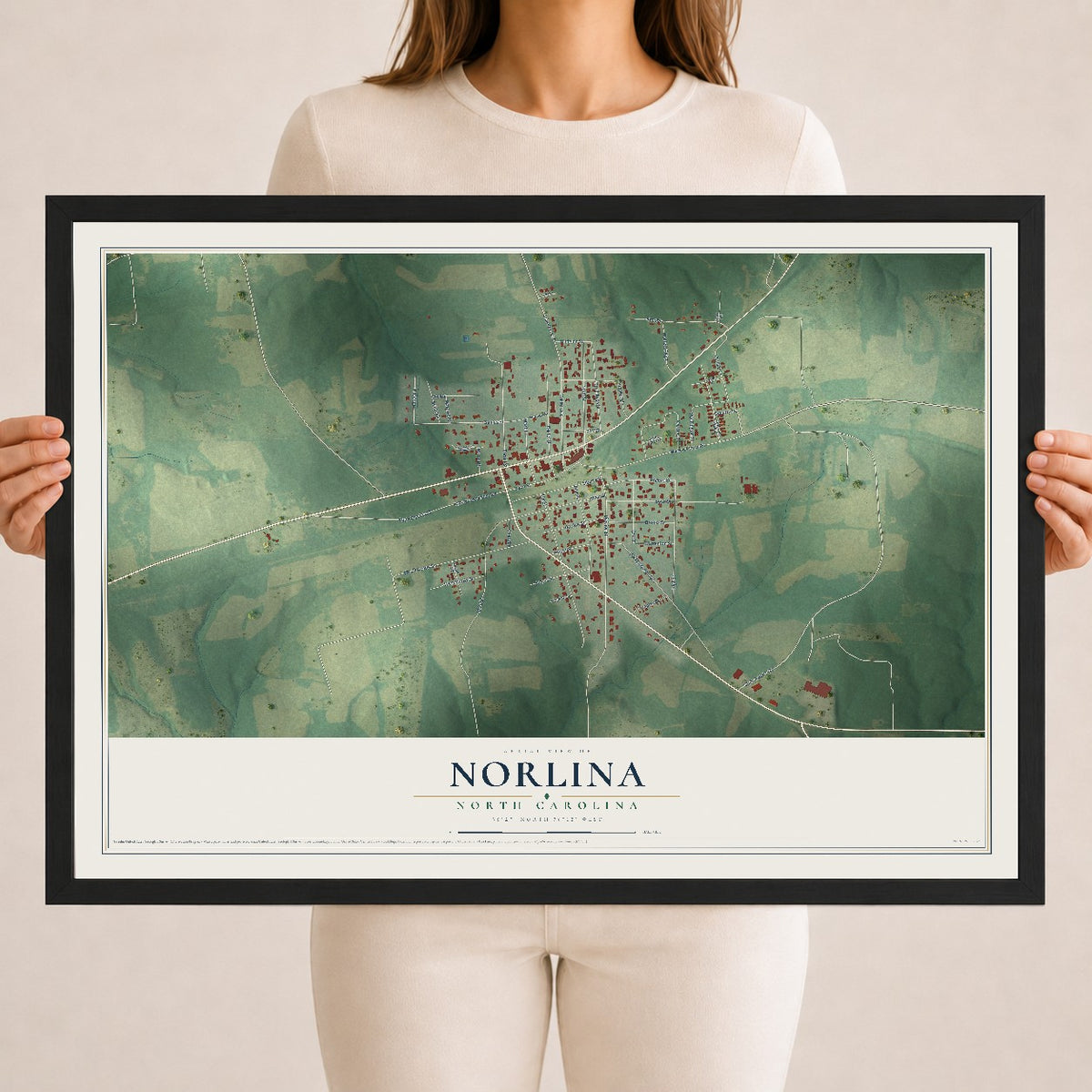 Map of Norlina, North Carolina, 18 x 24 inch print in a black wood frame