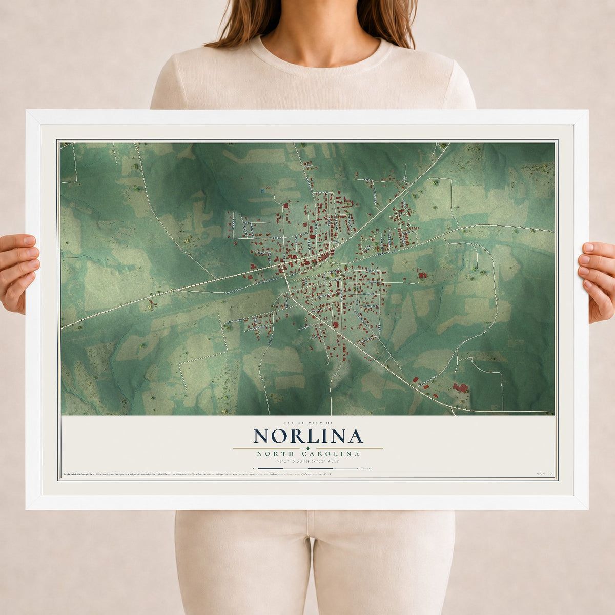 Map of Norlina, North Carolina, 18 x 24 inch print in a white wood frame